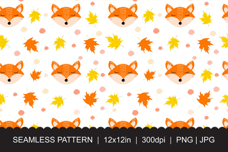 Cute Fox Autumn Leaves Seamless Pattern PNG JPG example image 1