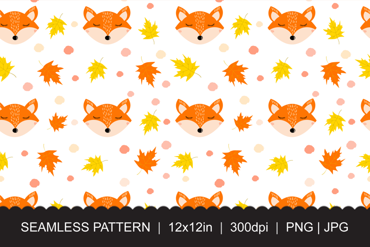 Cute Fox Autumn Leaves Seamless Pattern PNG JPG