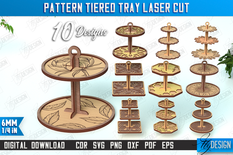 Pattern Tiered Tray Laser Cut Bundle, Wooden Cupcakes Stand