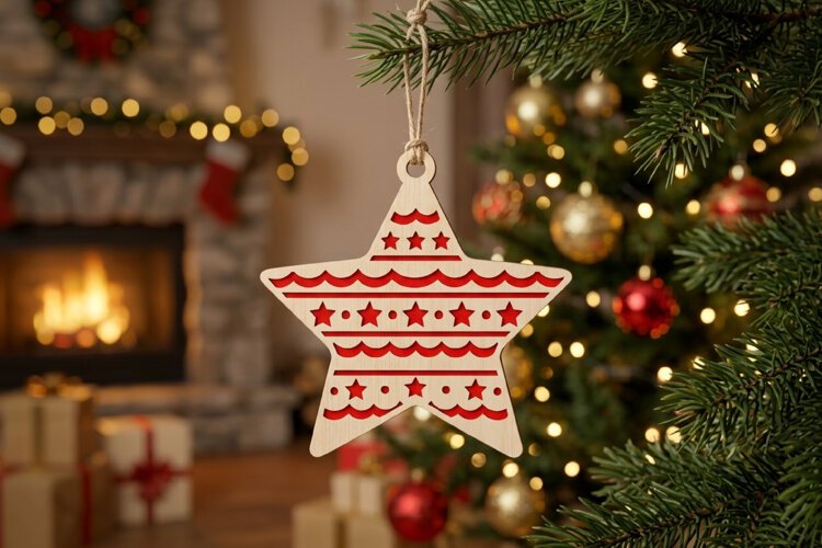 Pattern Wood Christmas Star SVG Tiny Stars Red Ornament example image 1
