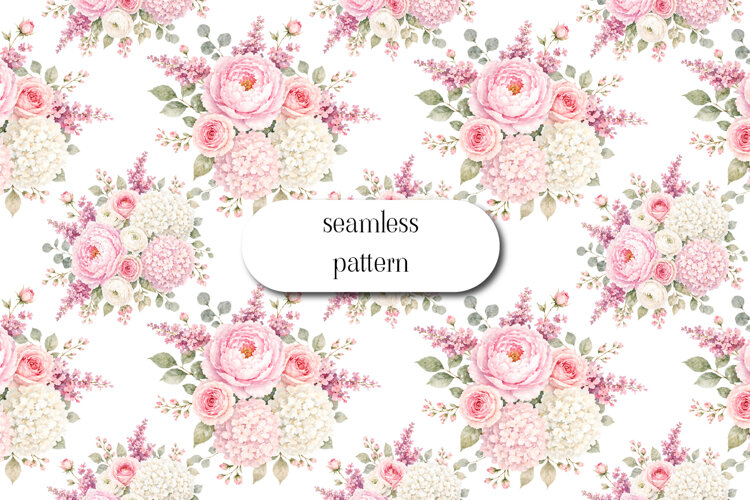 Seamless Floral Pattern Pink Bouquet Watercolor Design example image 1