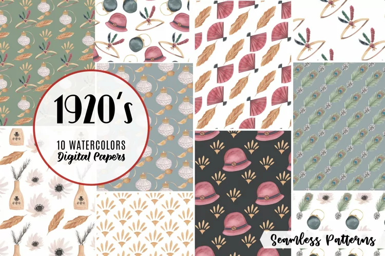 19202s Watercolor Patterns Seamless Roaring Twenties 20s