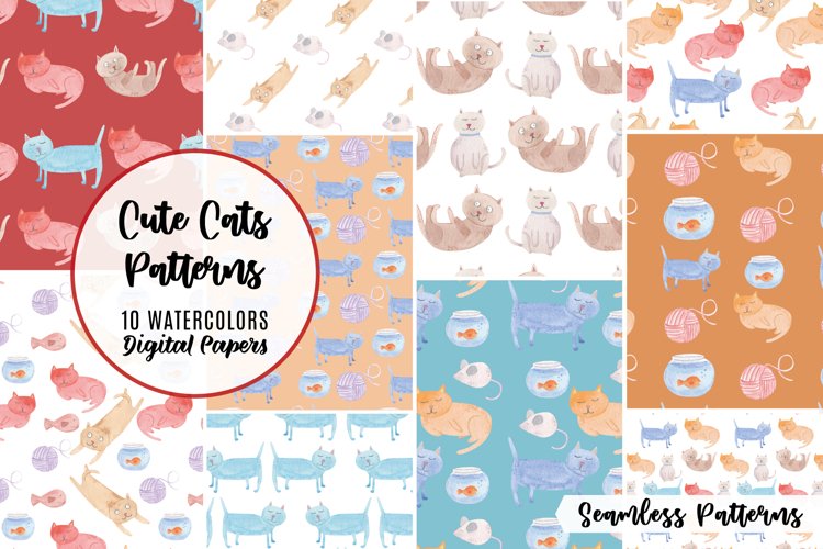 Fun Cats Watercolor Patterns Seamless Colourful Modern