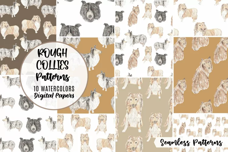 Rough Collie Patterns Watercolor Seamless Dogs Painted