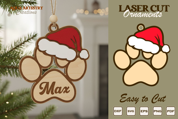 Paw Wearing Christmas Hat Ornament Laser Cut File Template