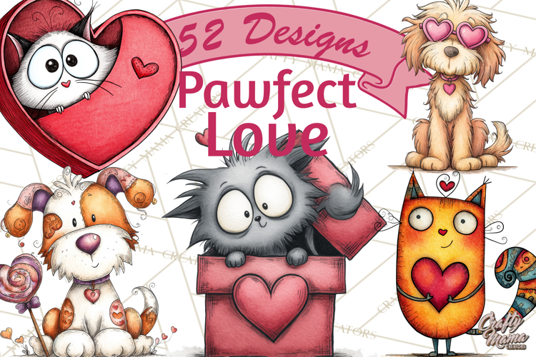 Colorful Valentine Dog and Cat Doodle Clipart PNG, Cute Pets