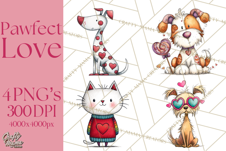 Colorful Valentine Dog and Cat Doodle Clipart PNG, Cute Pets