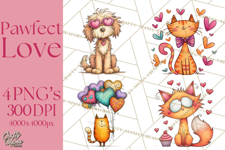 Colorful Valentine Dog and Cat Doodle Clipart PNG, Cute Pets