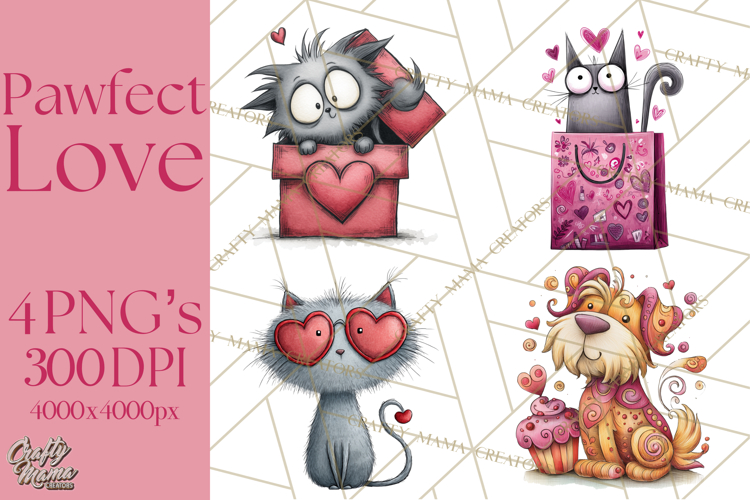 Colorful Valentine Dog and Cat Doodle Clipart PNG, Cute Pets