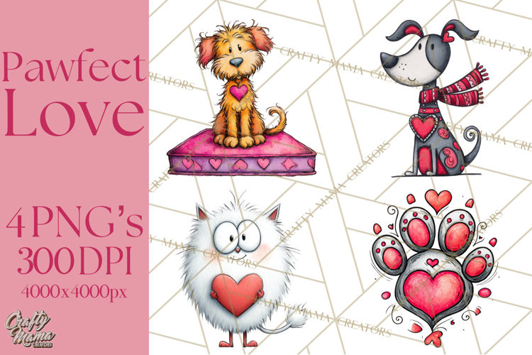 Colorful Valentine Dog and Cat Doodle Clipart PNG, Cute Pets
