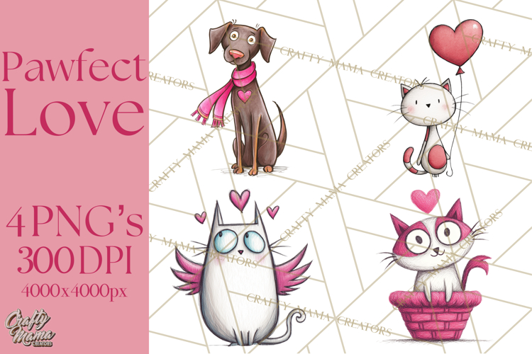 Colorful Valentine Dog and Cat Doodle Clipart PNG, Cute Pets