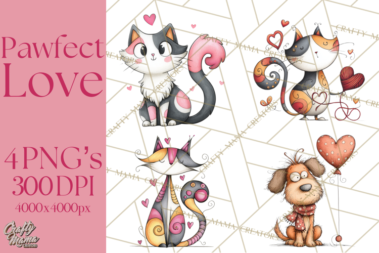 Colorful Valentine Dog and Cat Doodle Clipart PNG, Cute Pets
