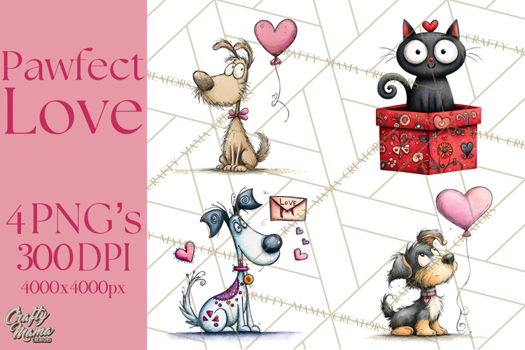 Colorful Valentine Dog and Cat Doodle Clipart PNG, Cute Pets