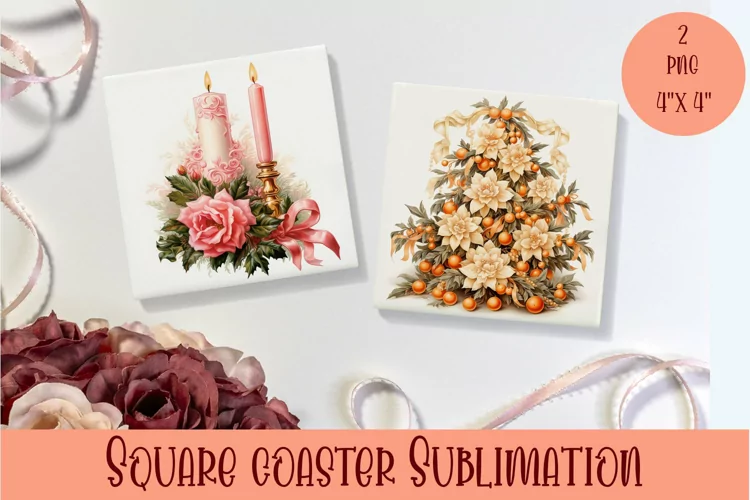 Peach color christmas victorian Square Coaster Sublimation