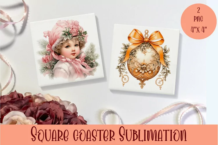 Peach color christmas victorian Square Coaster Sublimation