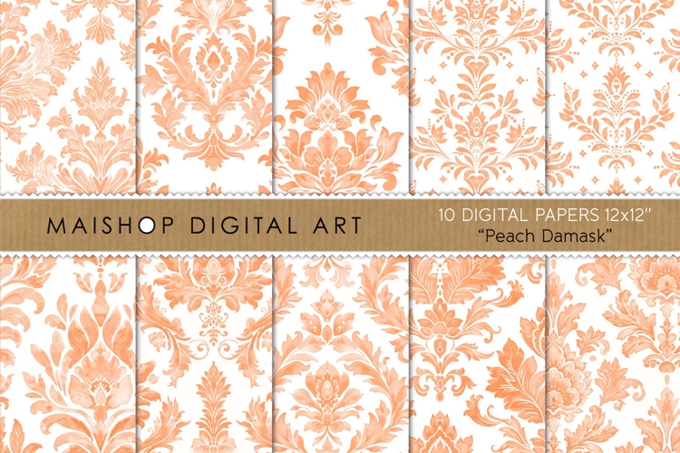 Peach Damask Digital Papers in Watercolor Style