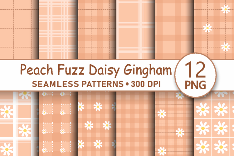 Peach fuzz daisy gingham seamless pattern png digital paper