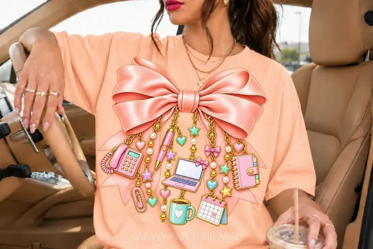 Peach Office Bow PNG with Laptop and Planner Charms