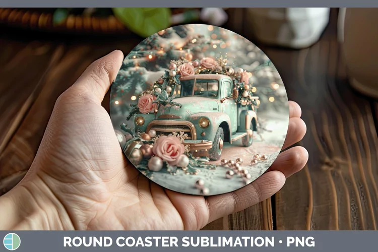 Pearl Christmas Vintage Truck Round Coaster Sublimation Coas