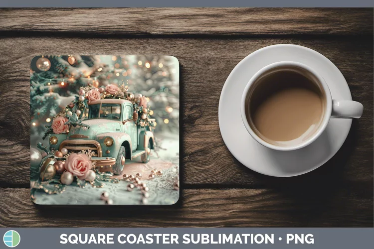 Pearl Christmas Vintage Truck Square Coaster Sublimation Coa