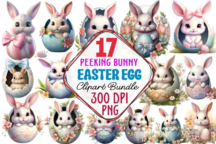 Peeking Bunny Easter Egg Clipart, Watercolor Bunny Peeking