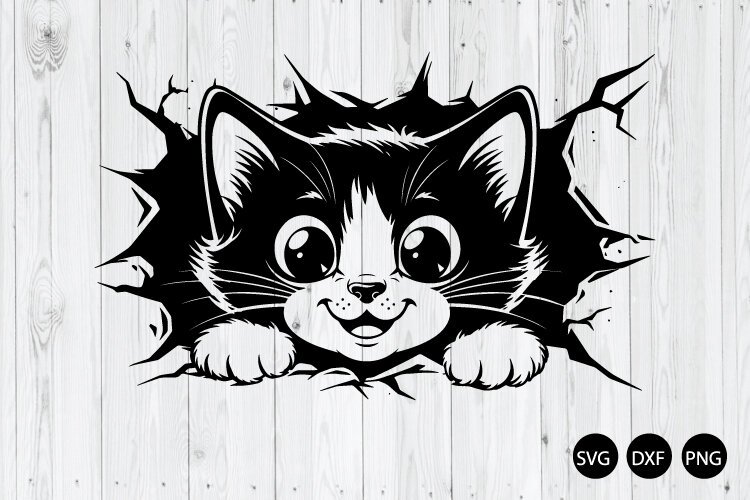 Cute Cat Peeking Breaking Through Wall SVG, Peeking Cat SVG example image 1