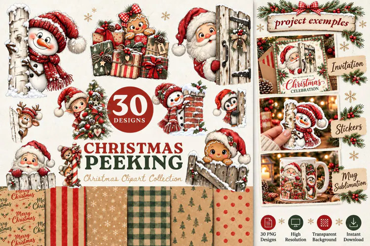 Peeking Christmas Clipart | Whimsical Christmas Holiday Png