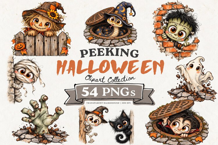 Trendy whimsical Halloween peeking clipart featuring cute ghosts, skeletons, witches, bats and black cats in a playful hand-drawn style, perfect for spooky cute Halloween crafts and sublimation designs.