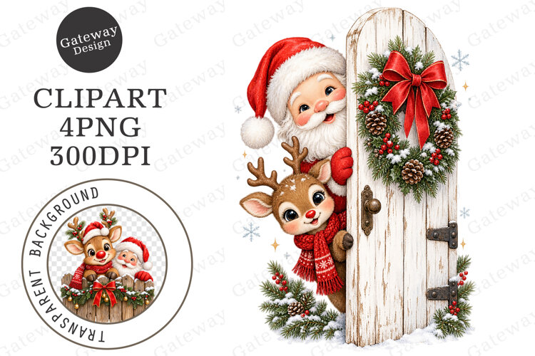 Peeking Santa Reindeer Christmas Clipart example image 1
