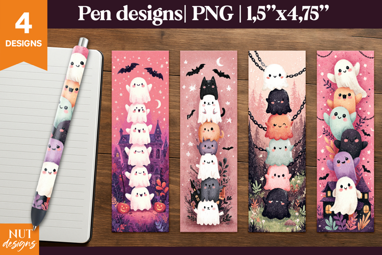 Cartoon ghost pen designs. Halloween pen wraps. Funny pens