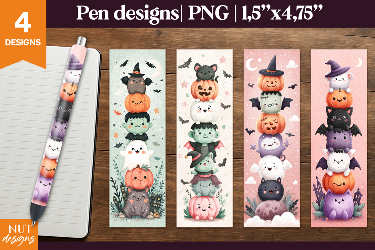 Spooky creatures pen designs. Halloween pen wrap. Funny pens
