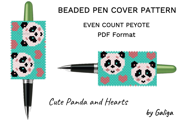 Seed Bead Pen Wrap Pattern Peyote Cute Panda Faces & Hearts