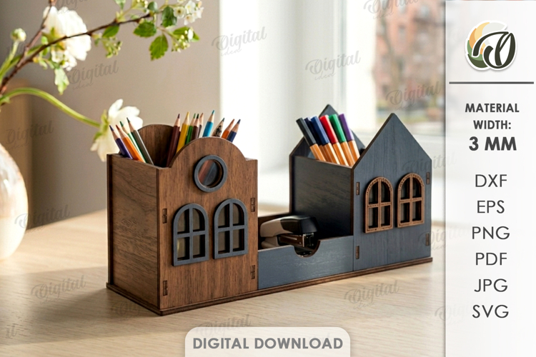 3D House Pencil Holder Laser Cut. Desk Organizer SVG