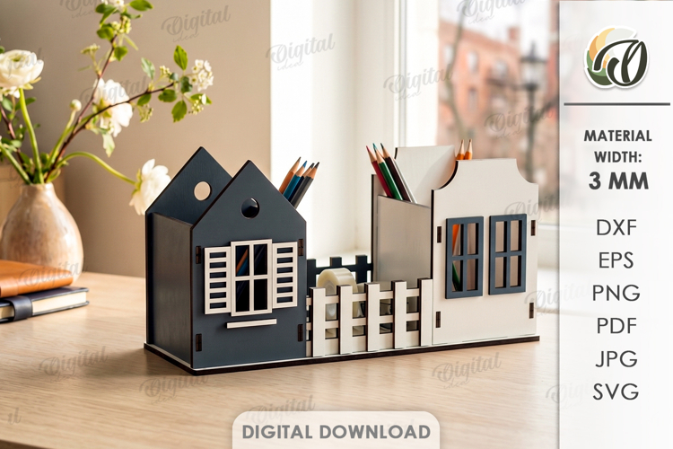 3D House Pencil Holder Laser Cut. Desk Organizer SVG