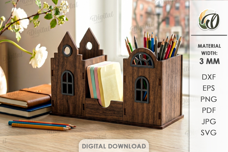 3D House Pencil Holder Laser Cut. Desk Organizer SVG