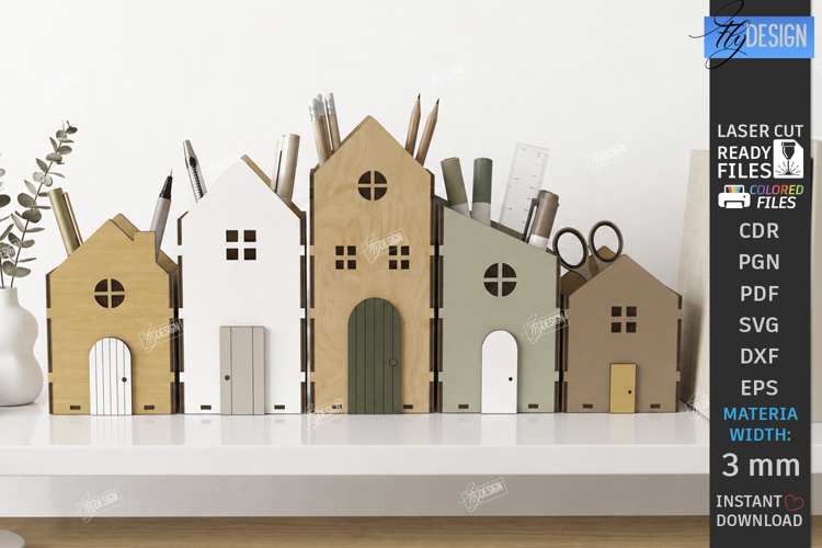 Houses Pencil Holder Laser Cut | Mini Houses Desk Organizers