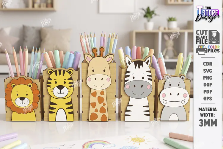 Safari Animals Pencil Holders Laser Cut Kit | Desk Organizer