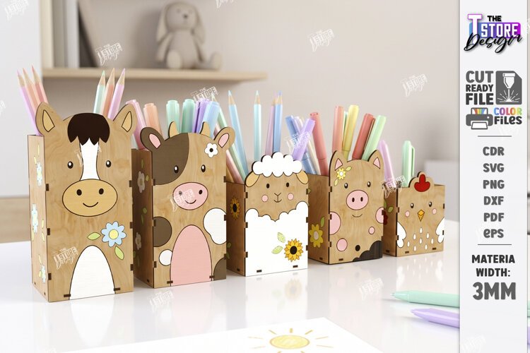 Farm Animals Pencil Holders Laser Cut Kit | Desk Organizer example image 1