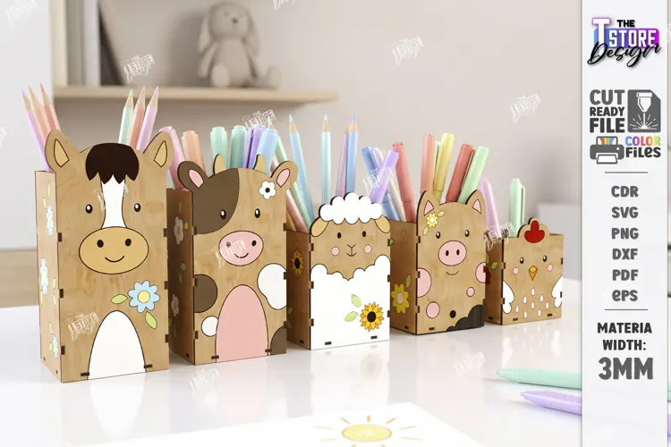 Farm Animals Pencil Holders Laser Cut Kit | Desk Organizer