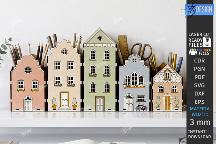 Houses Pencil Holder Laser Cut | Mini Houses Desk Organizers