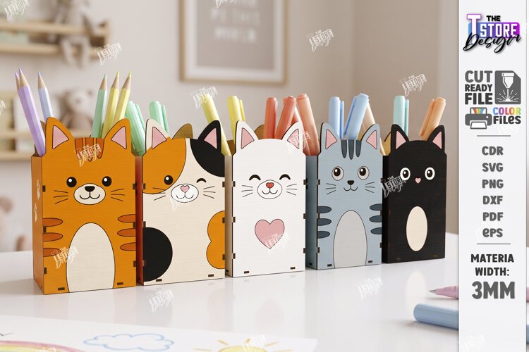 Cats Pencil Holders Laser Cut Kit | Desk Organizer Laser SVG example image 1