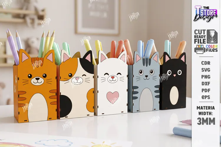 Cats Pencil Holders Laser Cut Kit | Desk Organizer Laser SVG