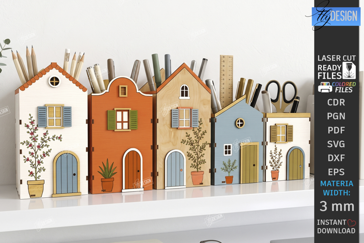 Houses Pencil Holder Laser Cut | Mini Houses Desk Organizers