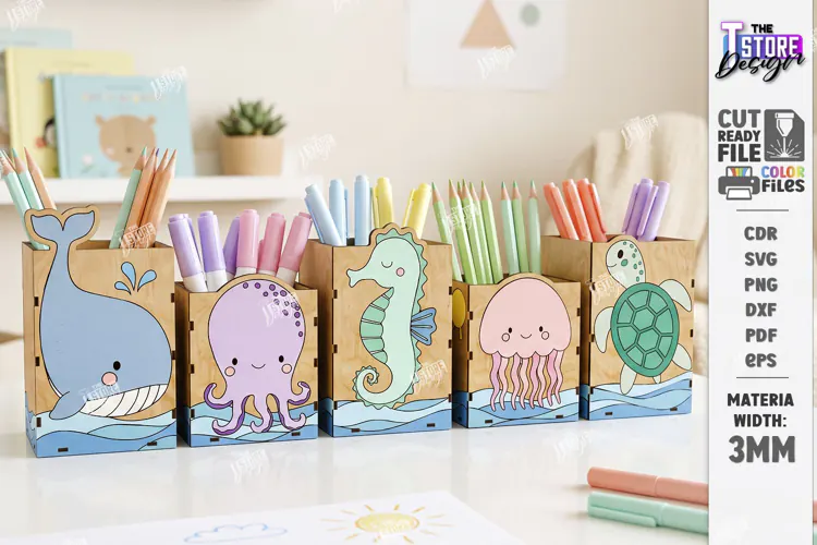 Sea Animals Pencil Holders Laser Cut Kit | Desk Organizer