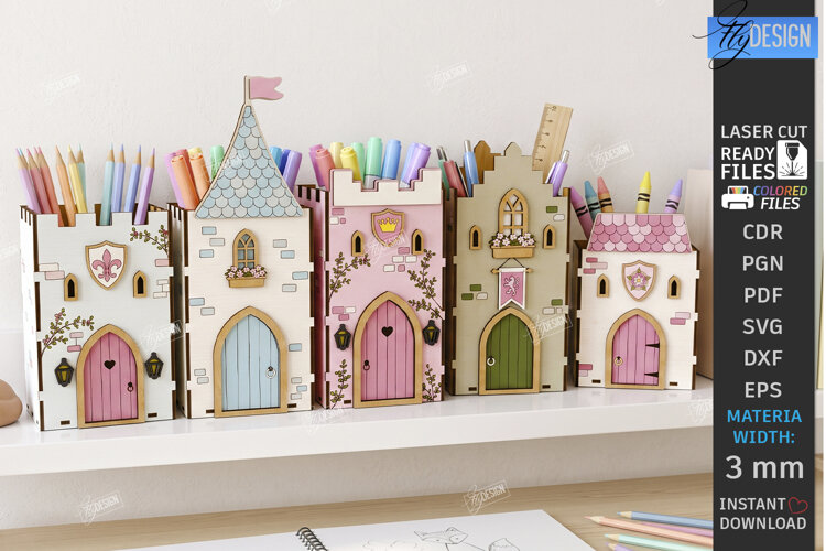 Houses Pencil Holder Laser Cut | Mini Houses Desk Organizers example image 1