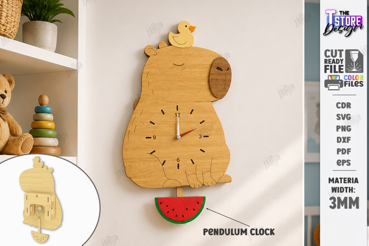 Wooden Capybara Pendulum Wall Clock Laser Cut | Kids Laser
