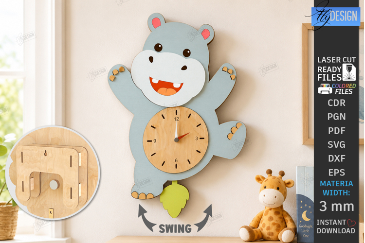 Pendulum Wall Clock Laser Cut | 3D Layered Clock | Hippo SVG