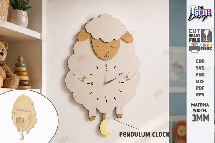 Wooden Sheep Pendulum Wall Clock Laser Cut | Kids Laser