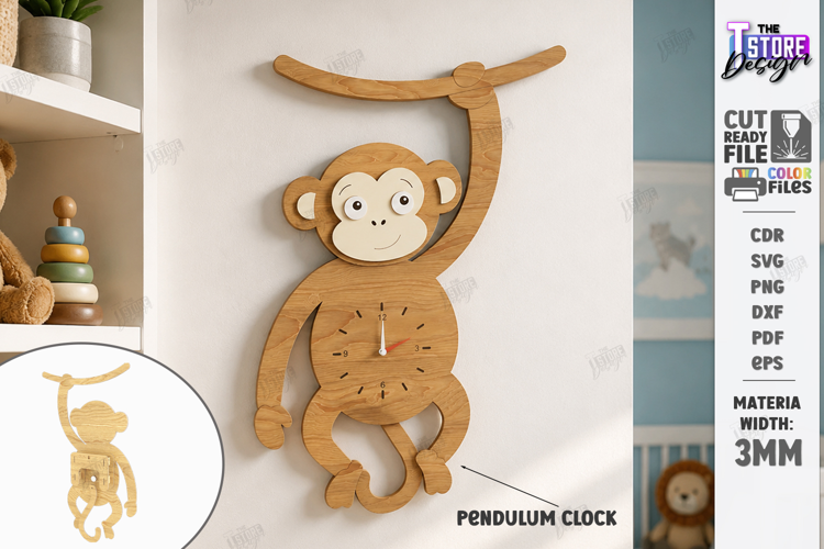 Wooden Monkey Pendulum Wall Clock Laser Cut | Kids Laser