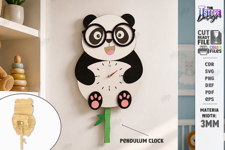 Wooden Panda Pendulum Wall Clock Laser Cut | Kids Laser example image 1